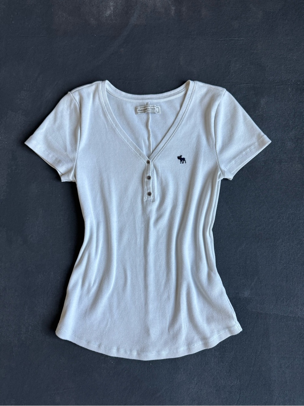 Abercrombie & Fitch White Short-Sleeve V-Neck Henley with Navy Moose Logo
